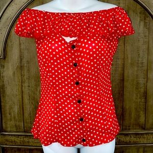 Off the shoulder red and white poca-dot sheer top